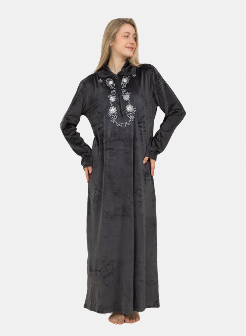 Elegant Velvet Maxi Galabeya Zipper Collar & Embroidery - Image 3